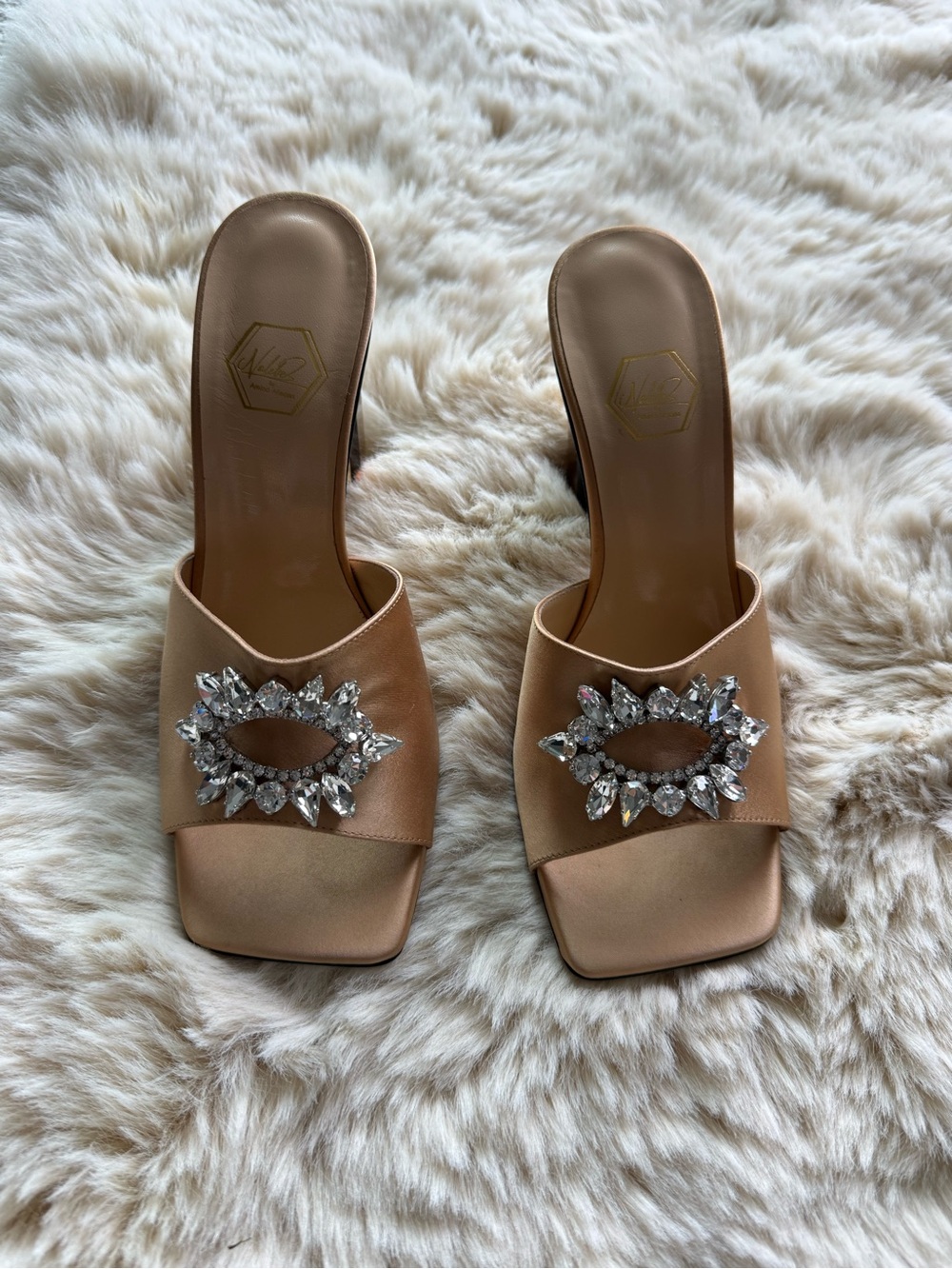Amina Muaddi Beige Crystal-Embellished Slide Mules